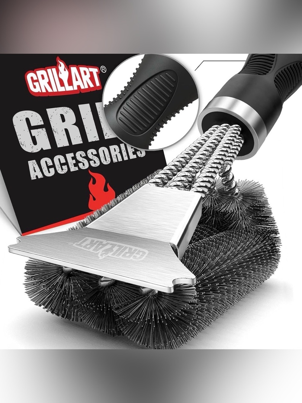 NEW GrillArt BBQ Grill Brush Scraper Gas Charcoal Grates Safe Wire Bristles